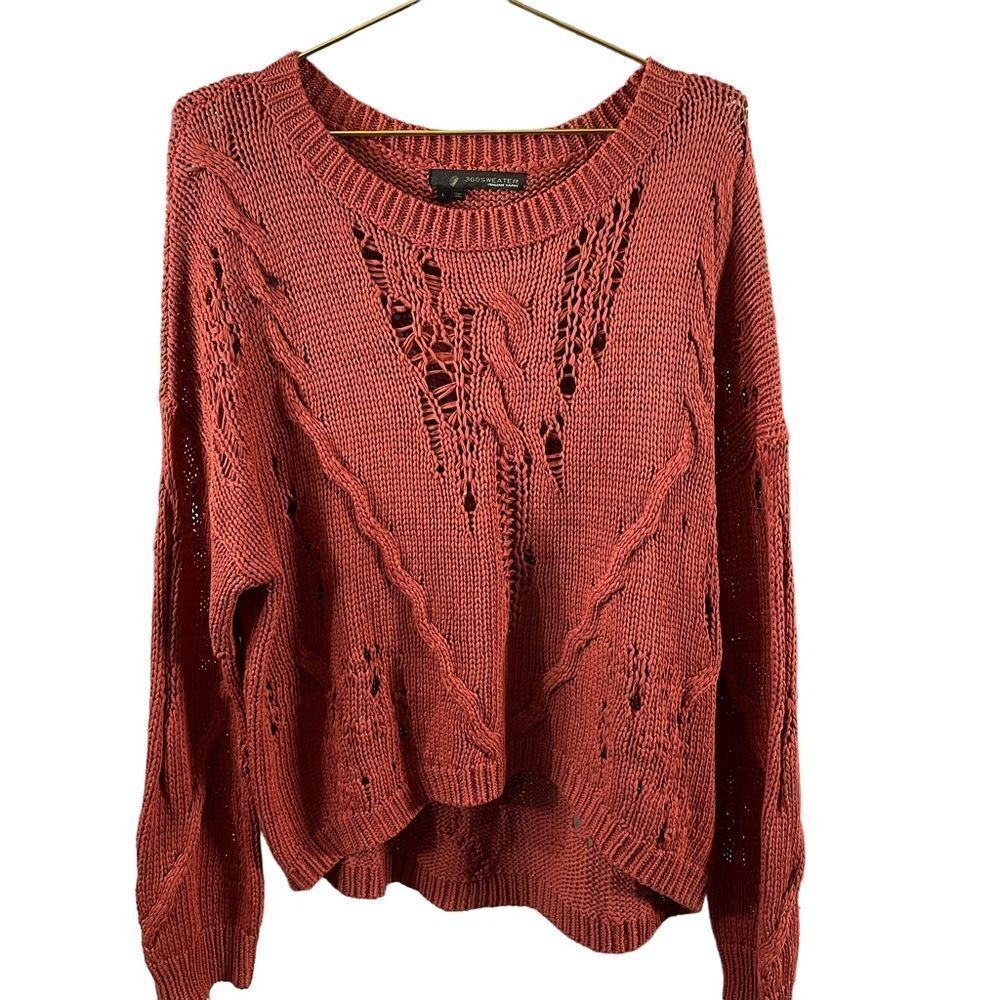 360 Sweater Rust Red Open-Knit Crewneck Sweater